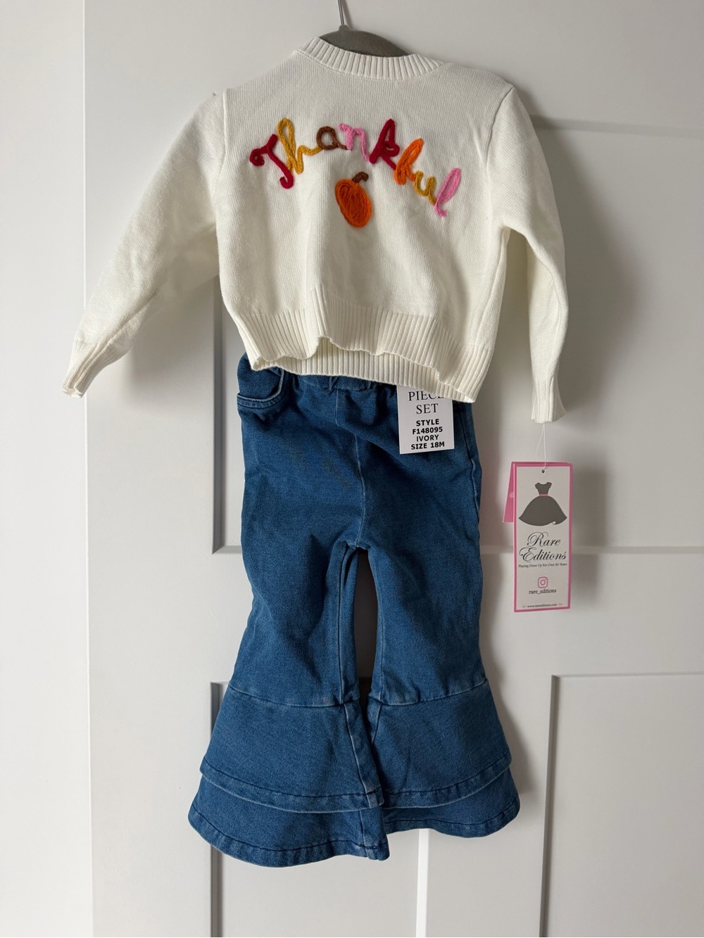 NWT Rare Editions White Sweater with 'Thankful' Embroidery & Flare Jeans